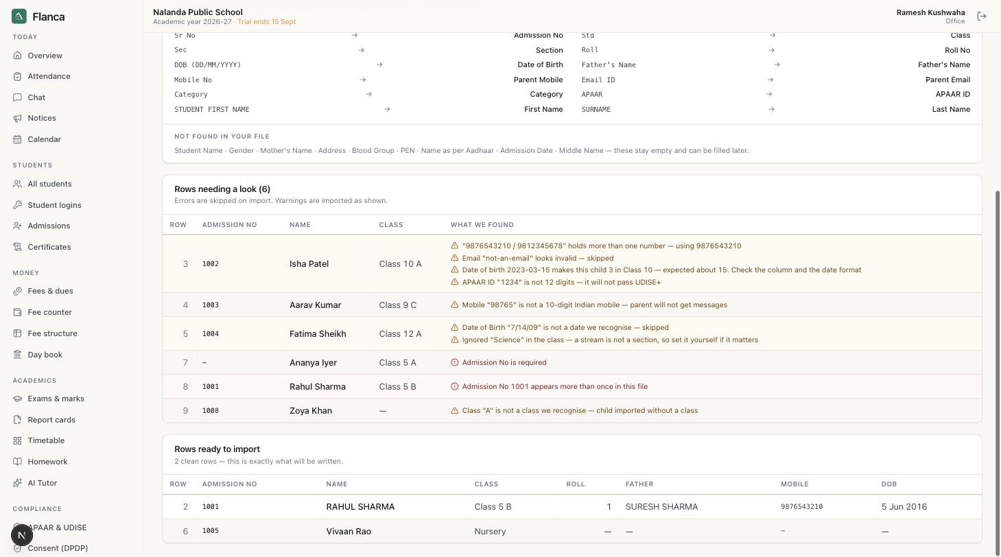 Import, step 3: flagged rows with the reason and the fix