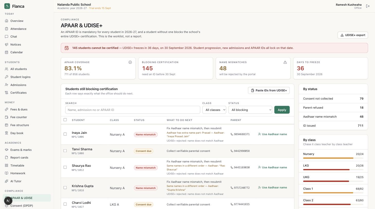 The APAAR and UDISE+ screen: students still blocking certification, with the reason and the parent's number on each row